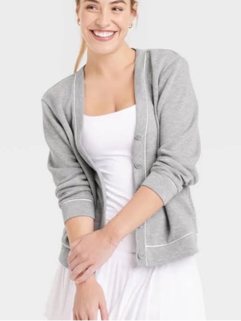 All In Motion Knit Relaxed Gray Piped White Button Front Preppy Cardigan NWT